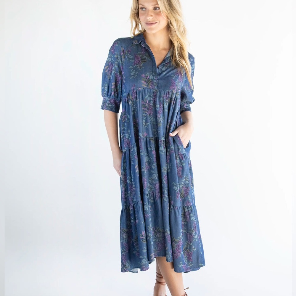 Natural Life Dress Womens XL Blue Floral Boho Relaxed Tiered Peasant Cottage